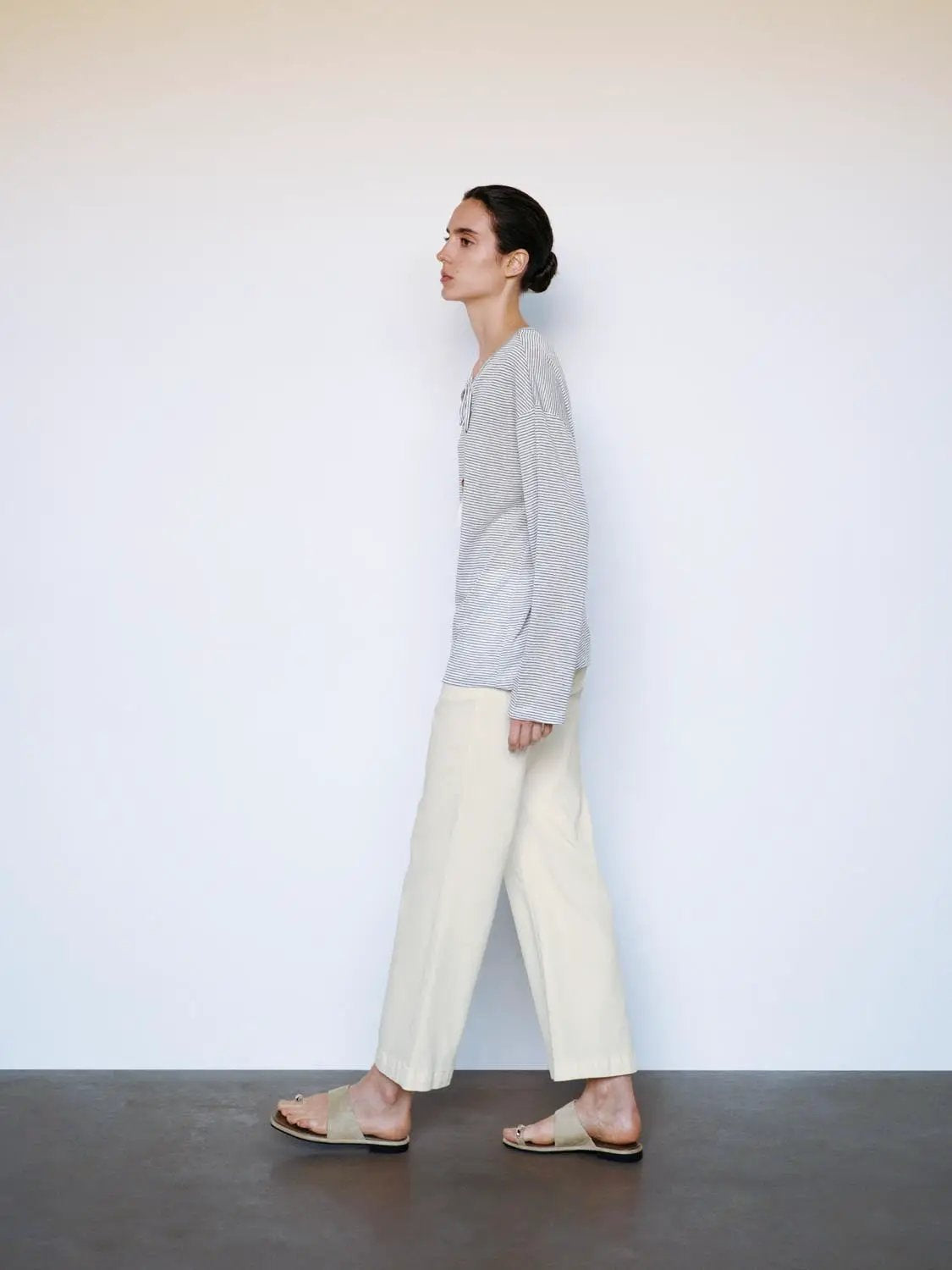Thin Striped Long Sleeve Tie Neck T-Shirt