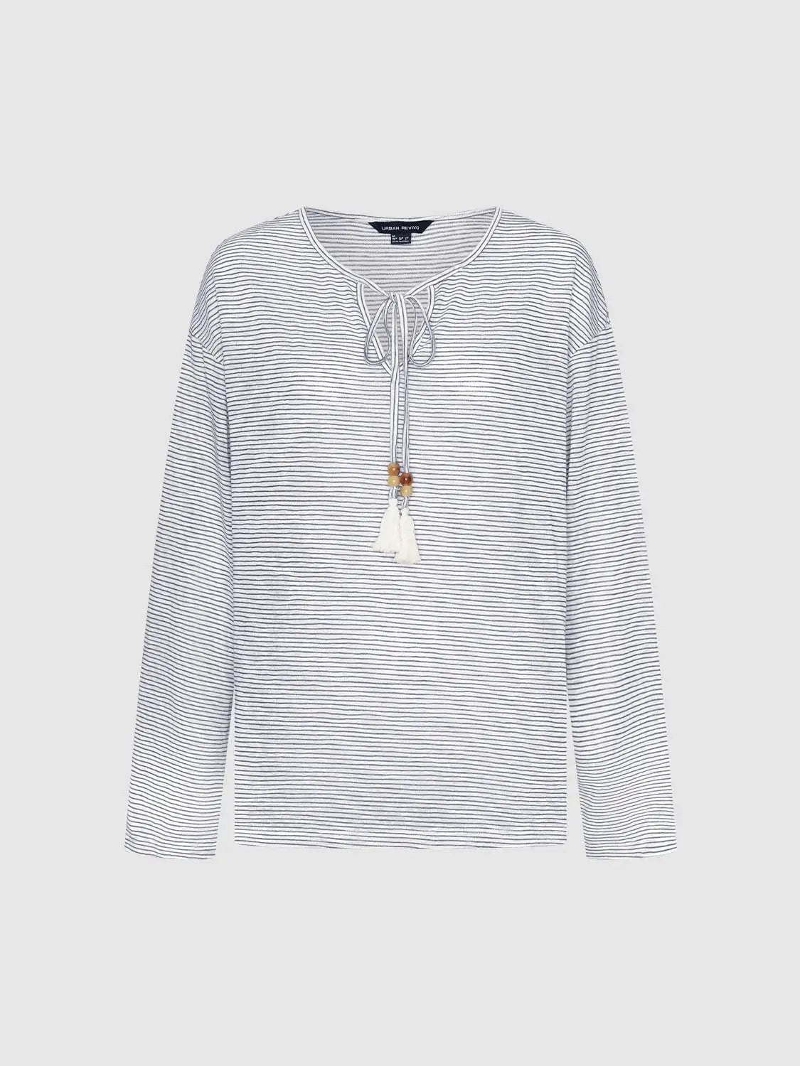 Thin Striped Long Sleeve Tie Neck T-Shirt