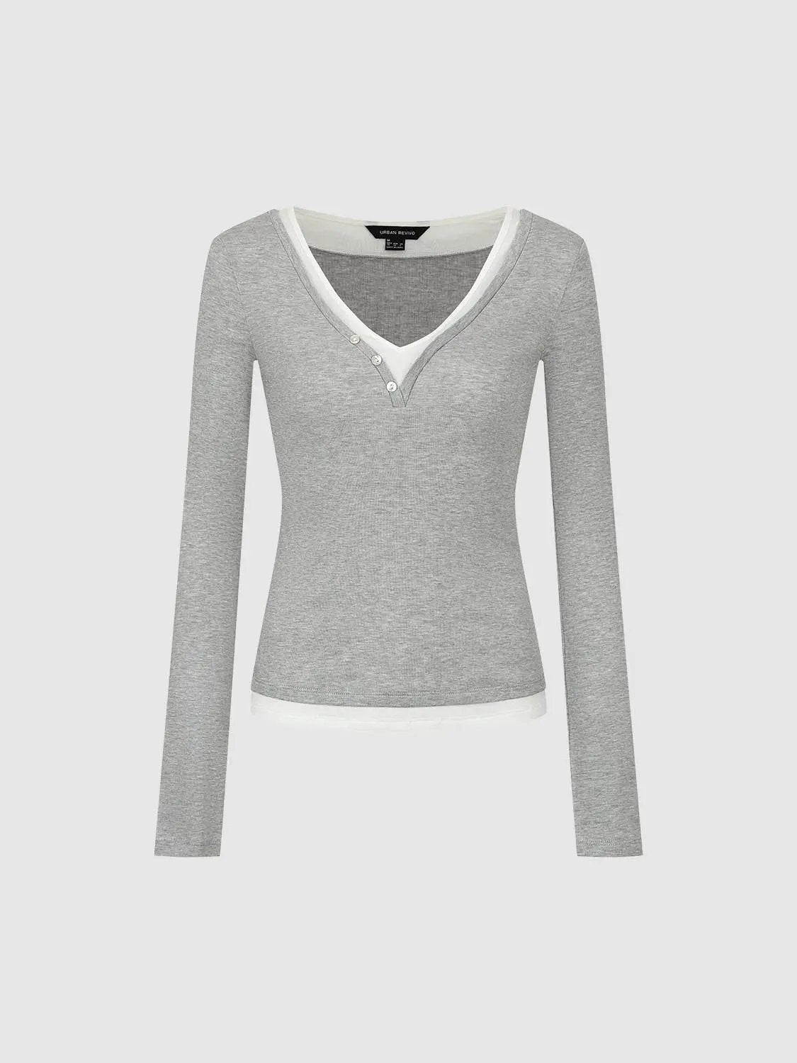 Layered Button Front V-neck Fitted Long Sleeve T-Shirt