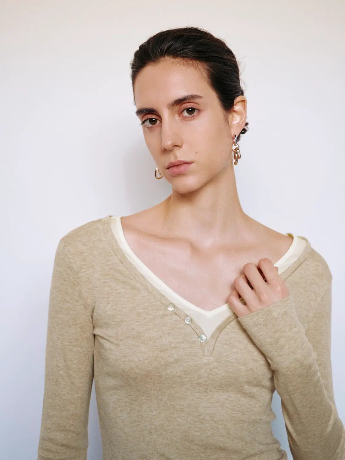 Layered Button Front V-neck Fitted Long Sleeve T-Shirt