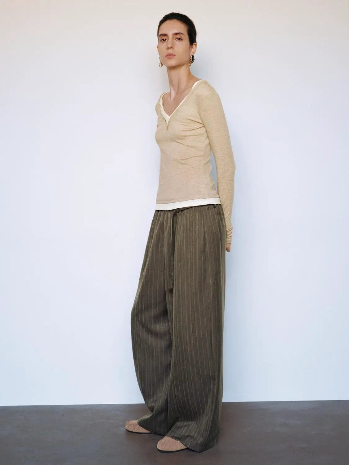 Layered Button Front V-neck Fitted Long Sleeve T-Shirt