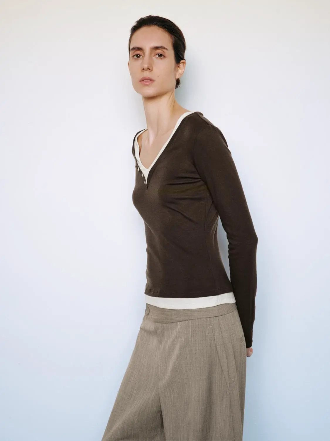 Layered Button Front V-neck Fitted Long Sleeve T-Shirt