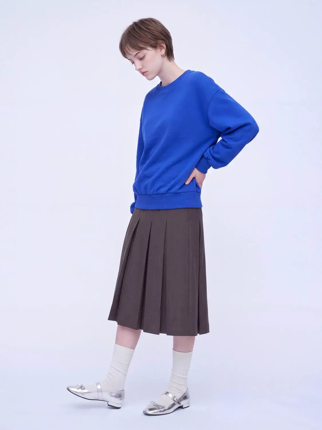 Ribbed Crew Neck Long Sleeve Cotton Blend Sweatshirt