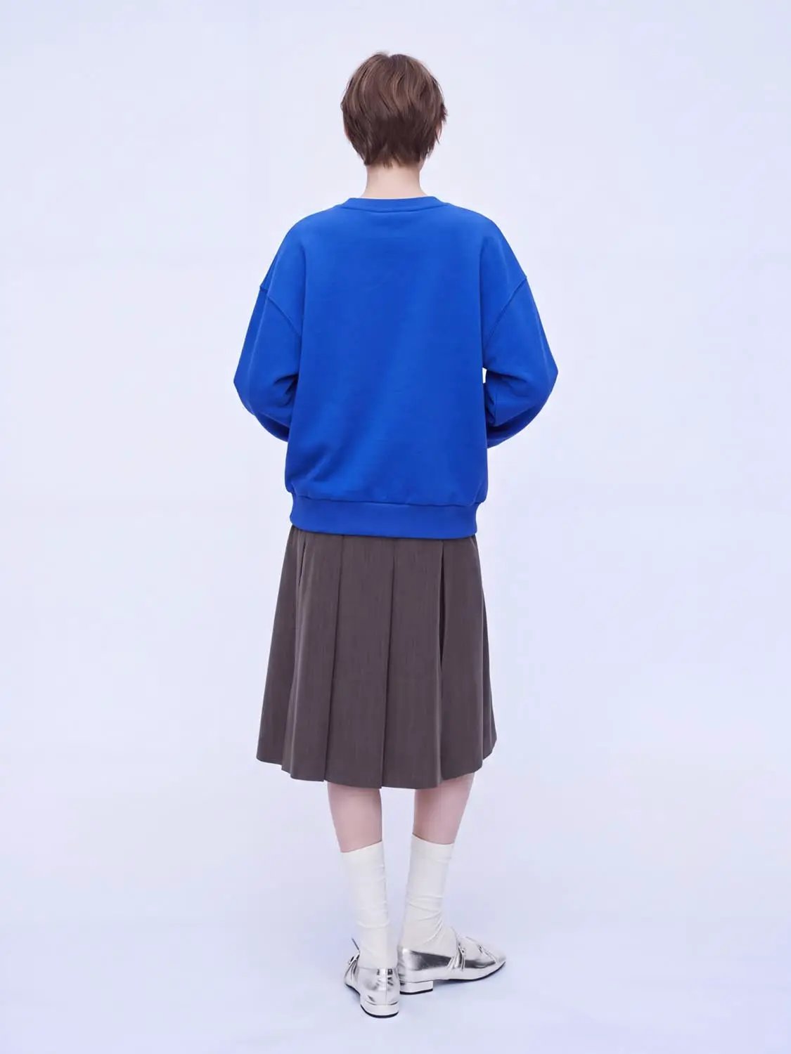 Ribbed Crew Neck Long Sleeve Cotton Blend Sweatshirt