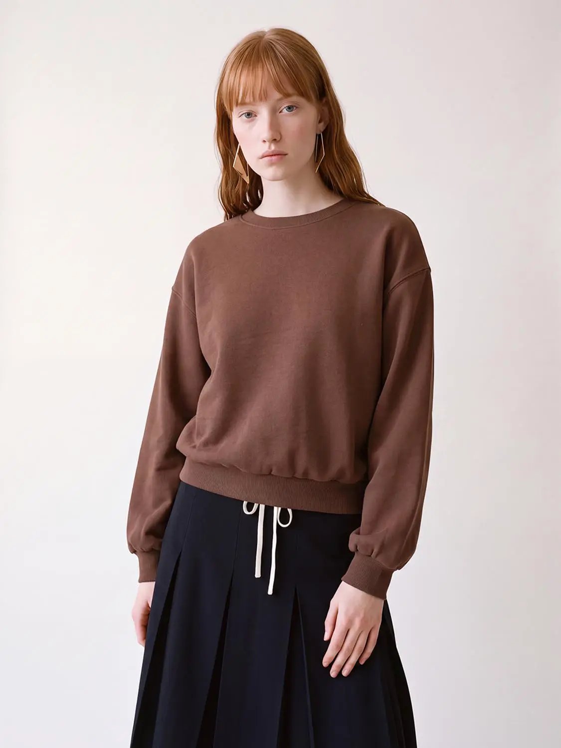Ribbed Crew Neck Long Sleeve Cotton Blend Sweatshirt