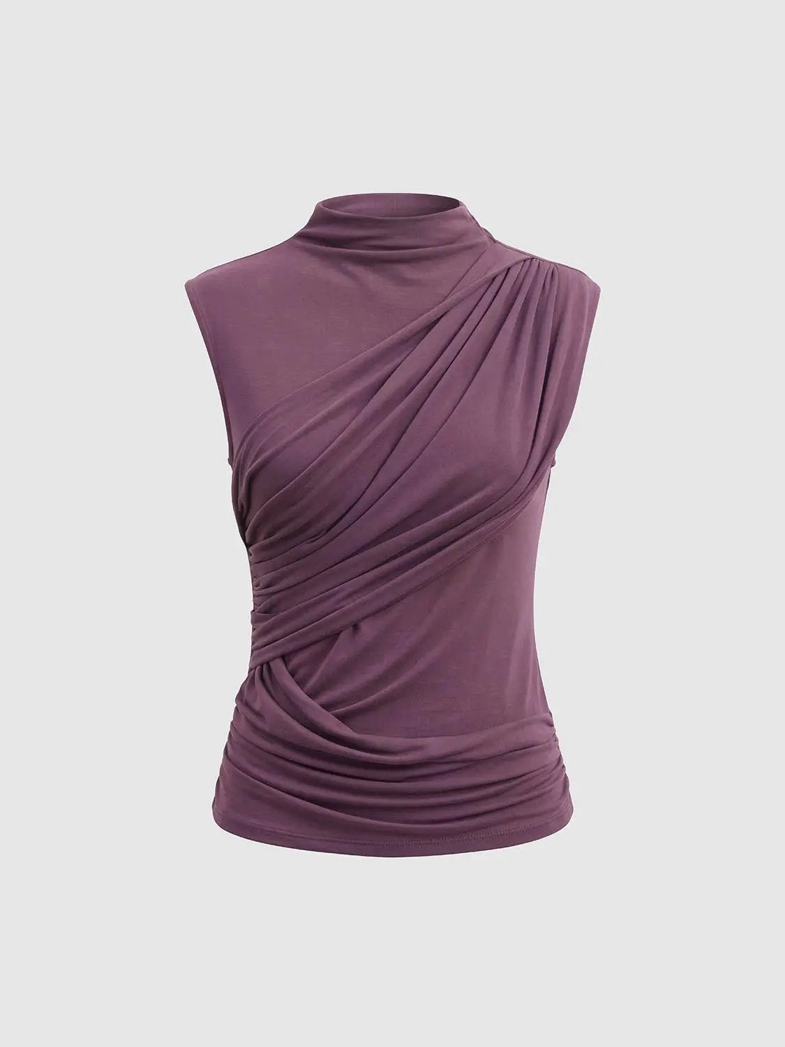 Diagonal Front Ruched Mock Neck Sleeveless Top