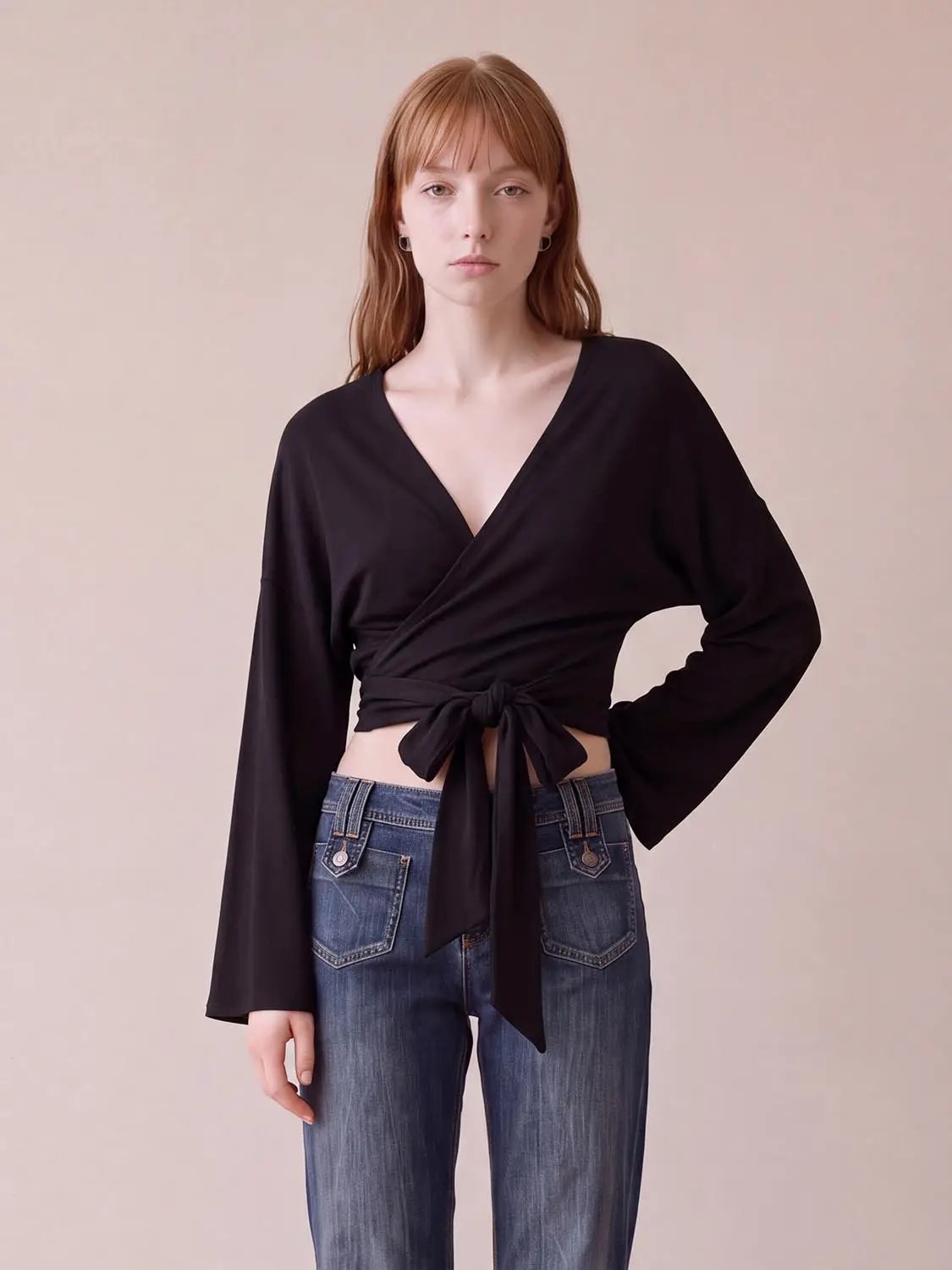 Long Sleeve Wrap Tie V-neck Knit Regular Top