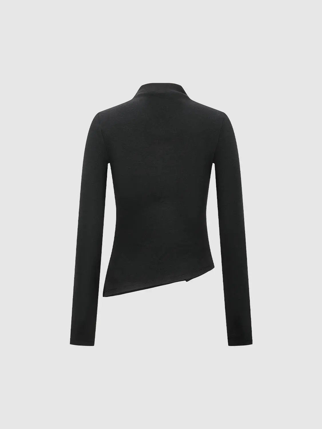 Ruffle Placket Mock Neck Asymmetric Hem Long Sleeve Fitted T-Shirt