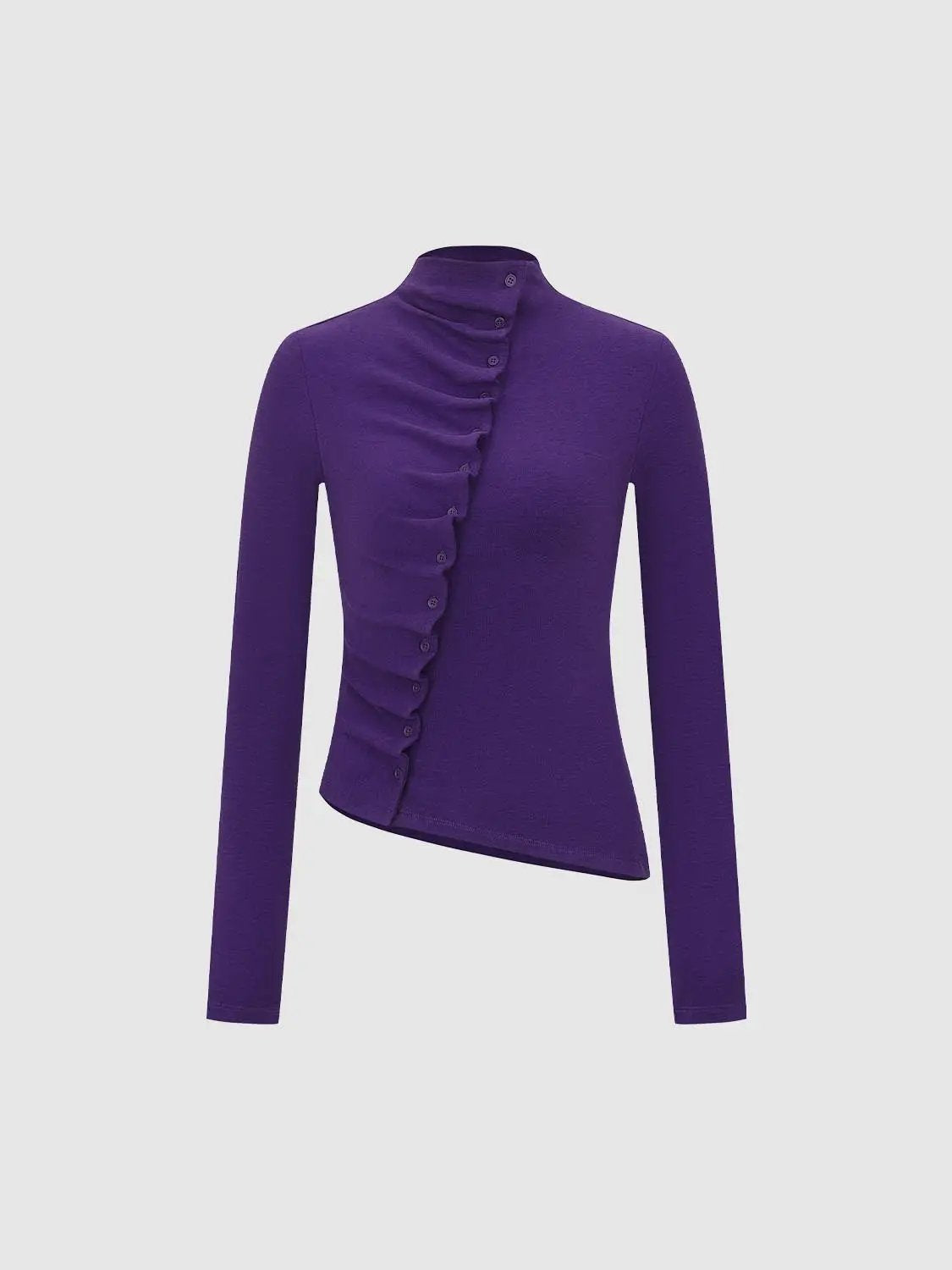Ruffle Placket Mock Neck Asymmetric Hem Long Sleeve Fitted T-Shirt