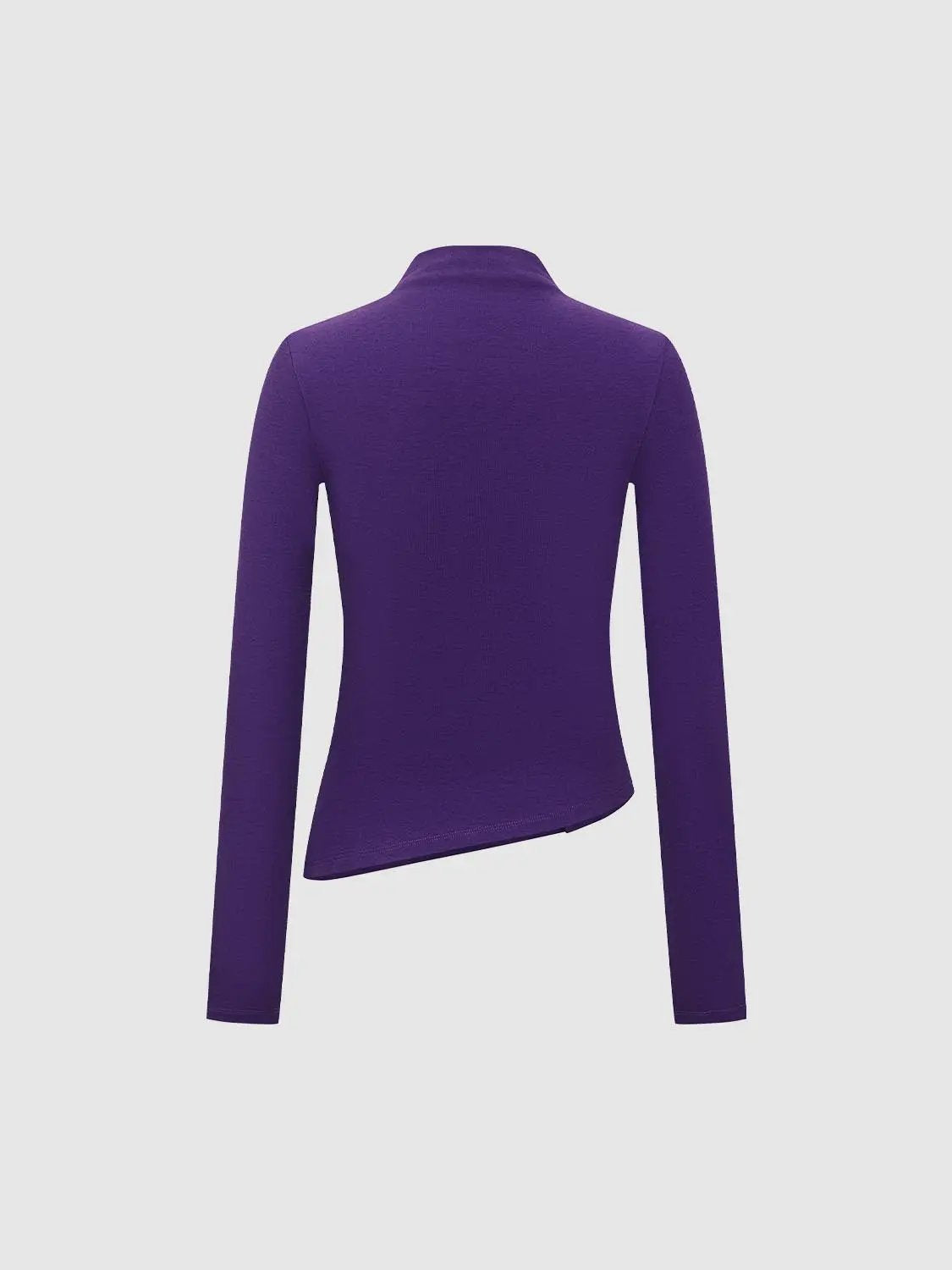 Ruffle Placket Mock Neck Asymmetric Hem Long Sleeve Fitted T-Shirt