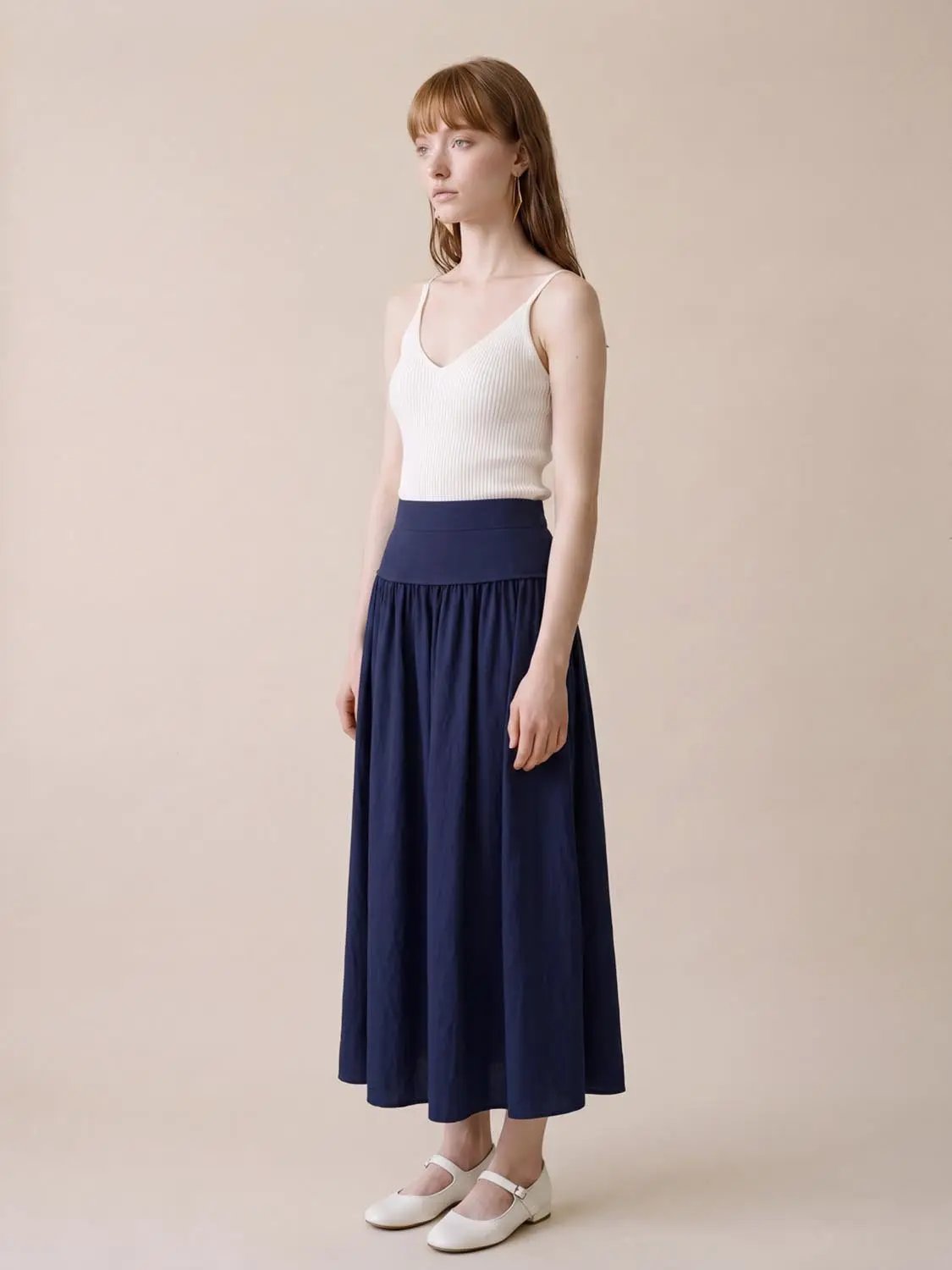 Gathered Soft Textured Cotton Skirt Midi Skirt
