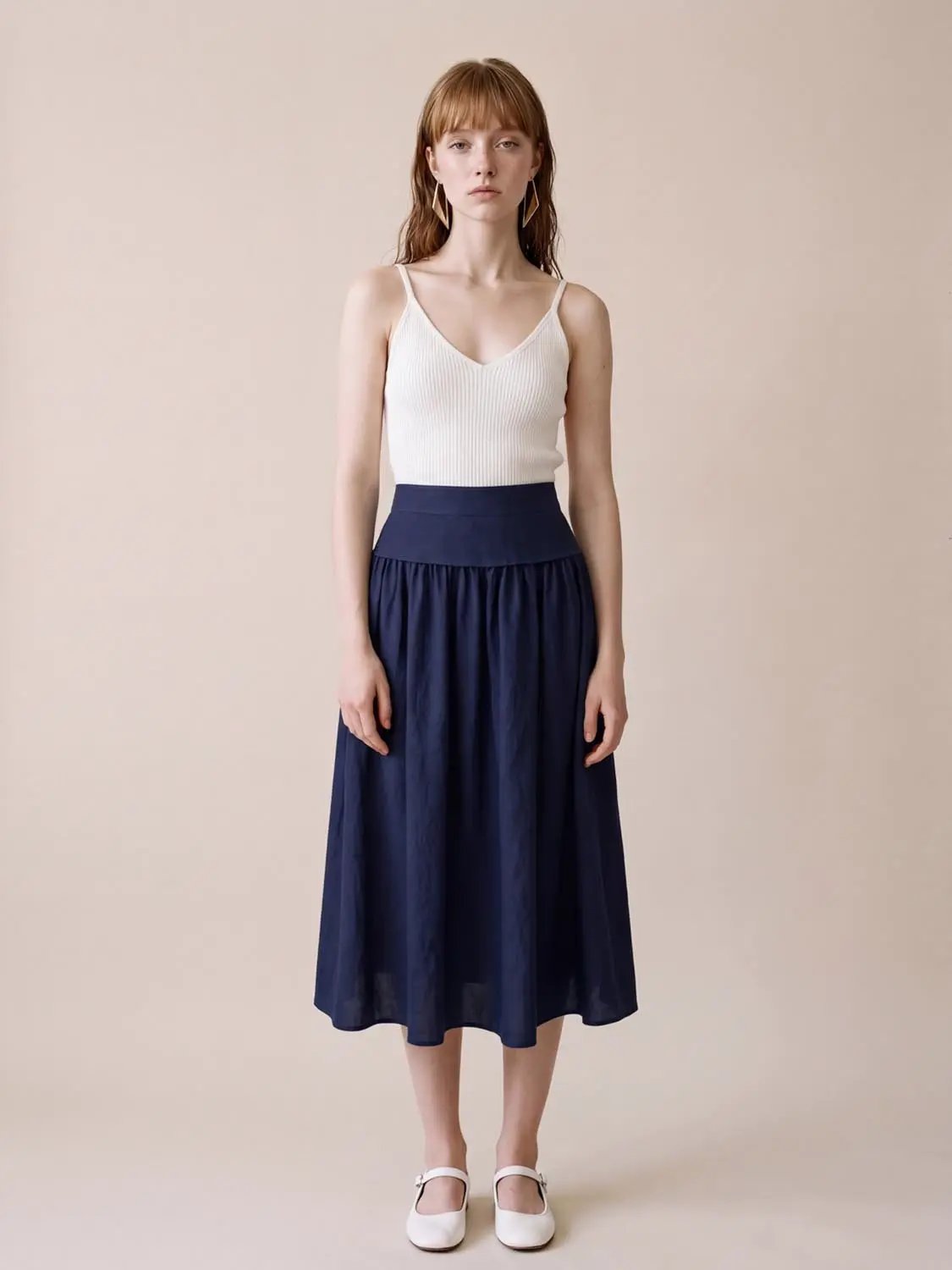 Gathered Soft Textured Cotton Skirt Midi Skirt