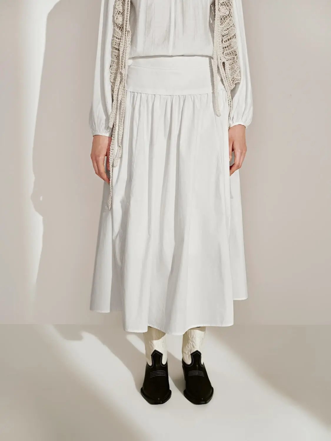 Gathered Soft Textured Cotton Skirt Midi Skirt