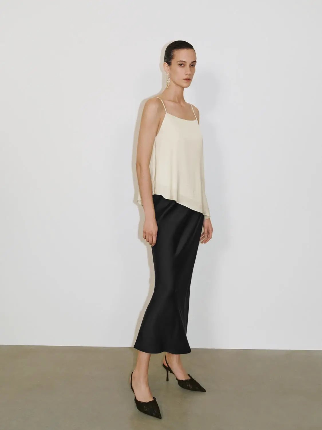 High Waist Draped Satin Texture Fishtail Slip Maxi Skirt