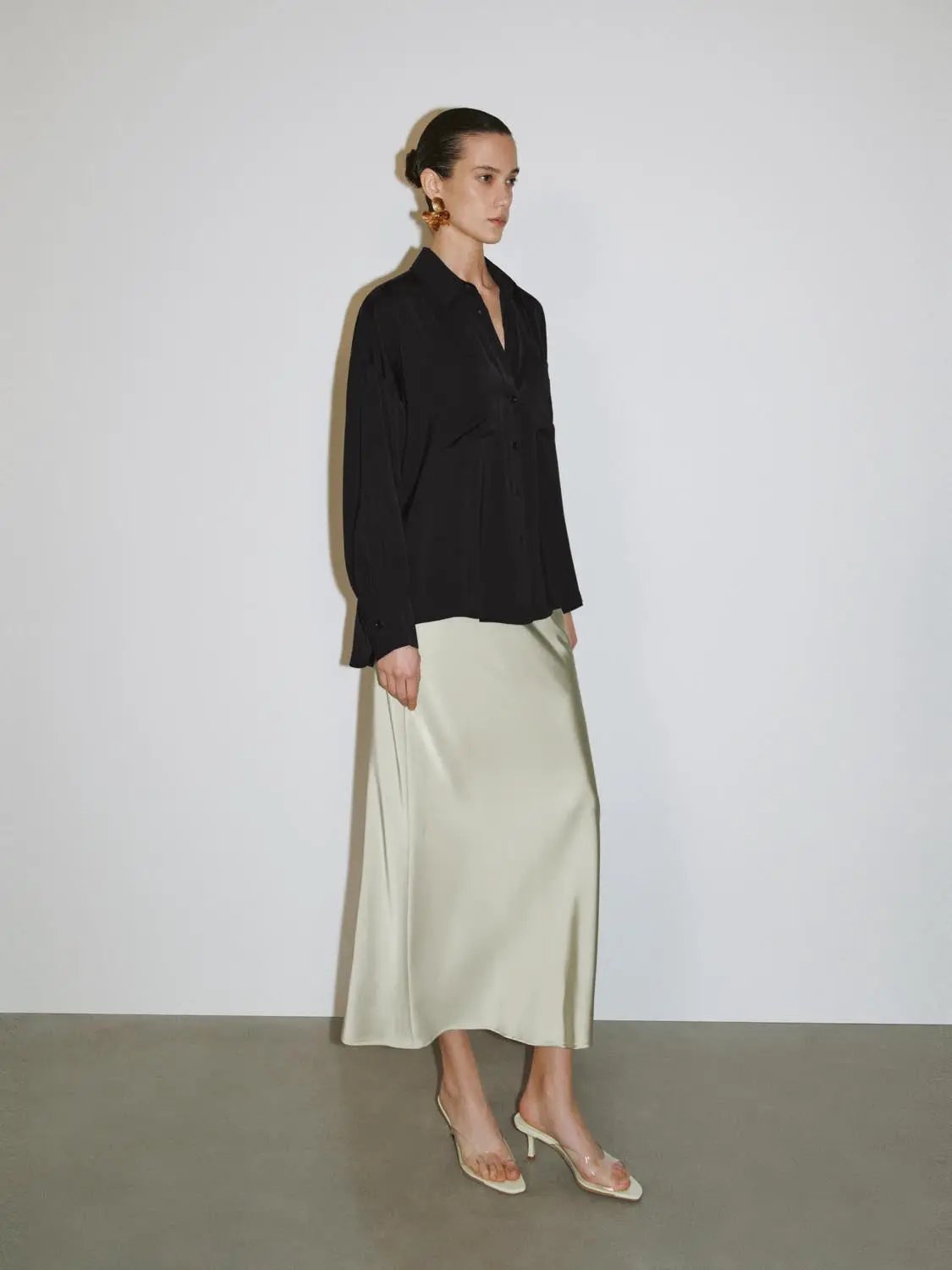 High Waist Draped Satin Texture Fishtail Slip Maxi Skirt