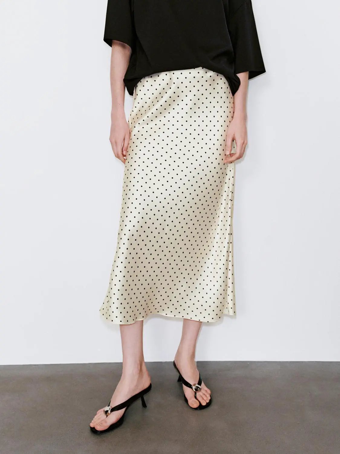 Polka Dot Fishtail Satin Beige Midi Skirt