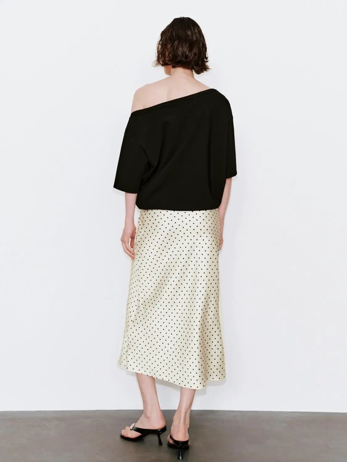 Polka Dot Fishtail Satin Beige Midi Skirt