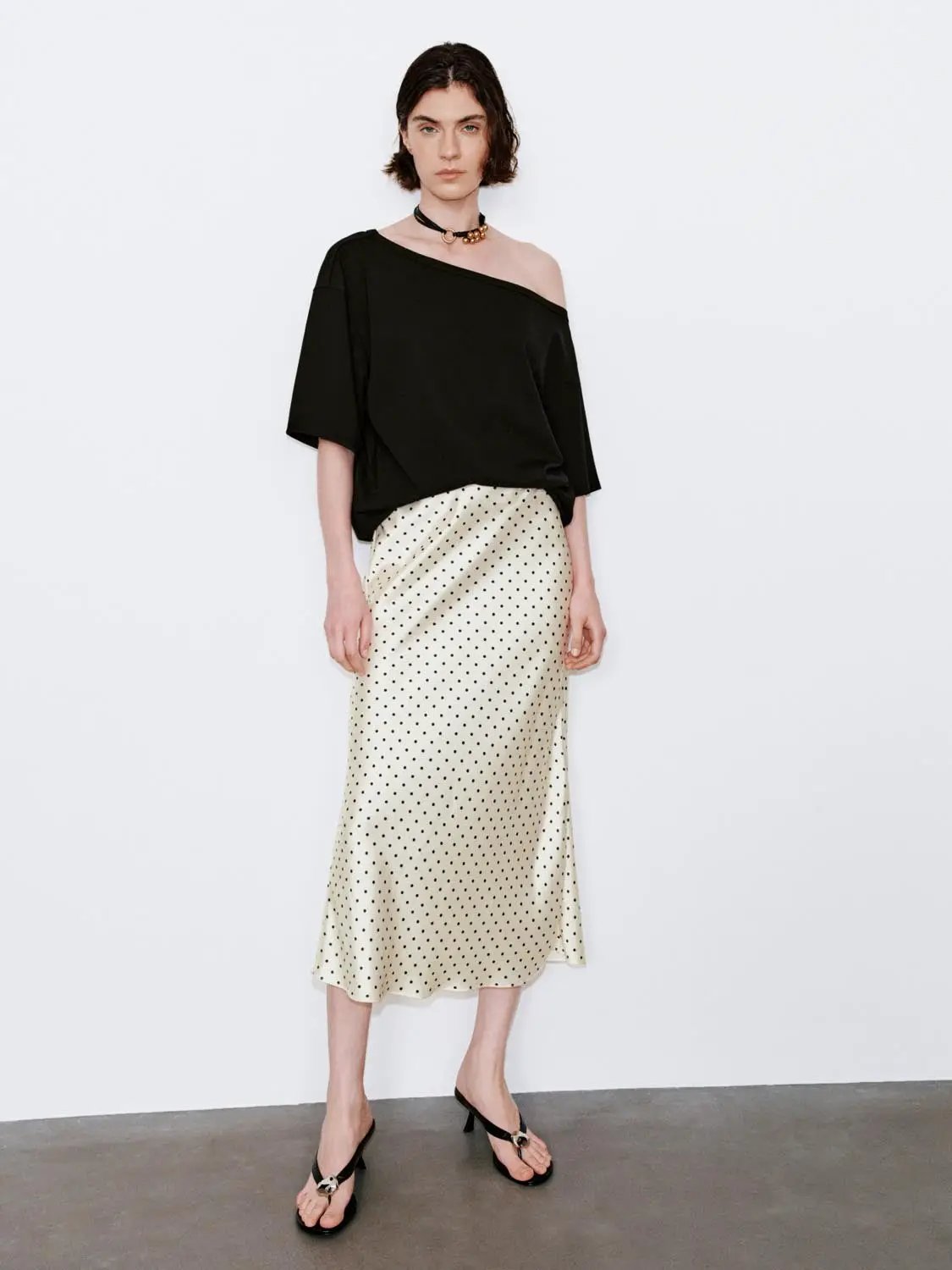 Polka Dot Fishtail Satin Beige Midi Skirt