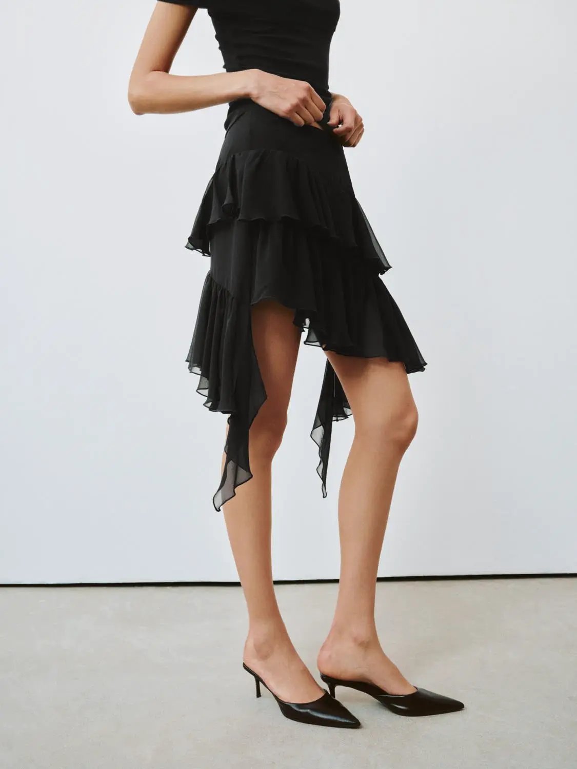 Tiered Ruffle Asymmetric Soft Fabric Mini Skirt