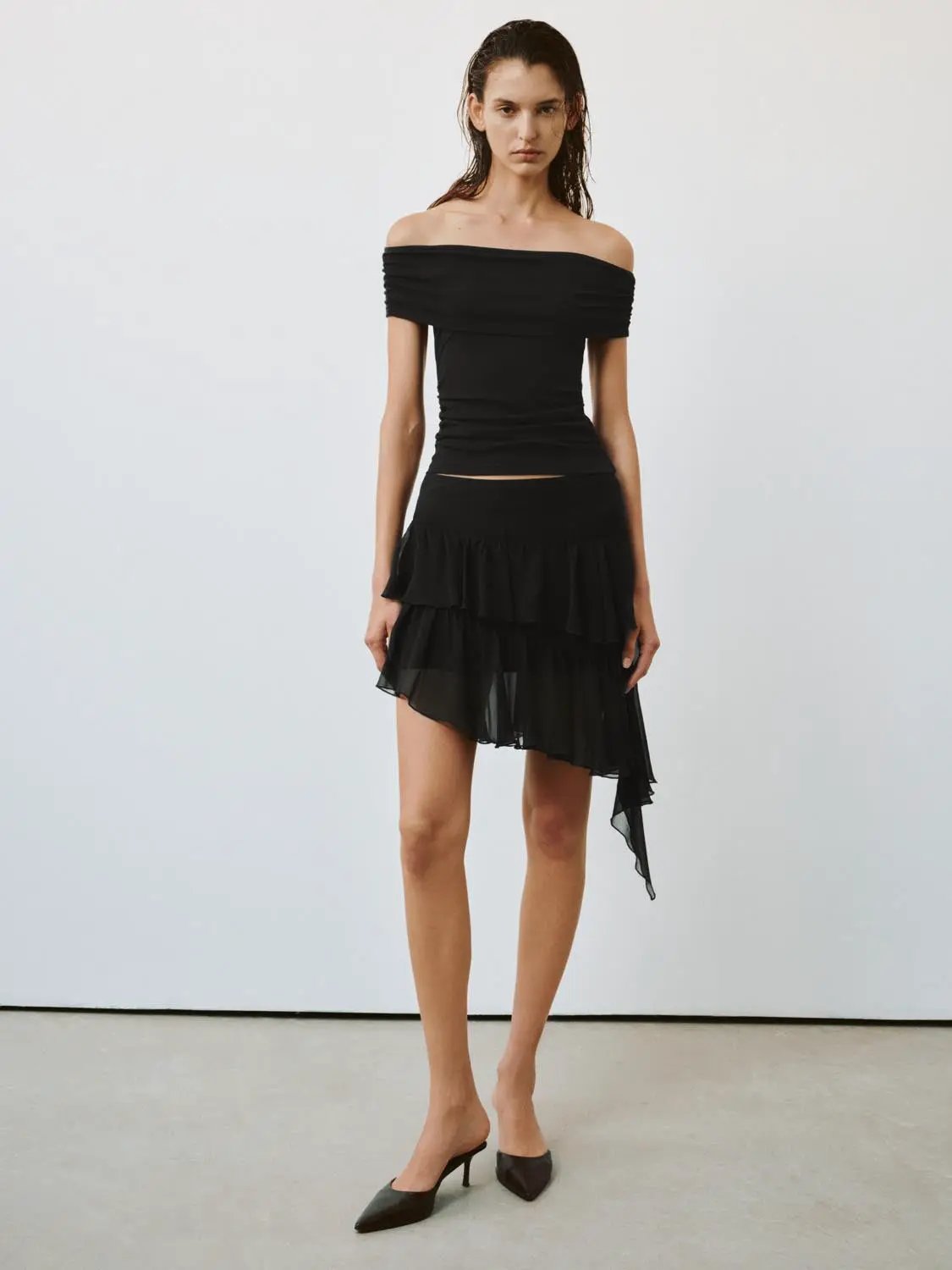 Tiered Ruffle Asymmetric Soft Fabric Mini Skirt