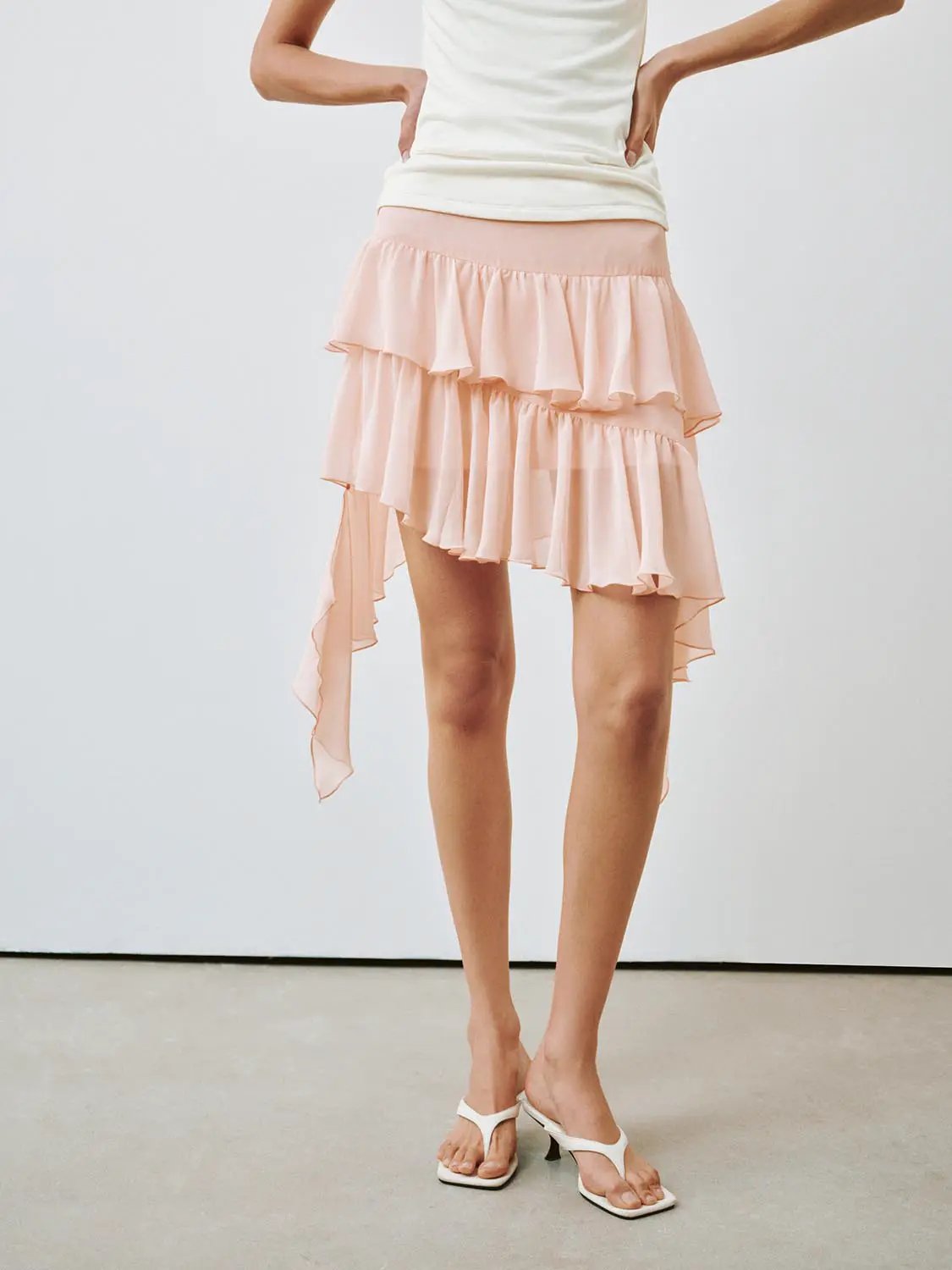 Tiered Ruffle Asymmetric Soft Fabric Mini Skirt