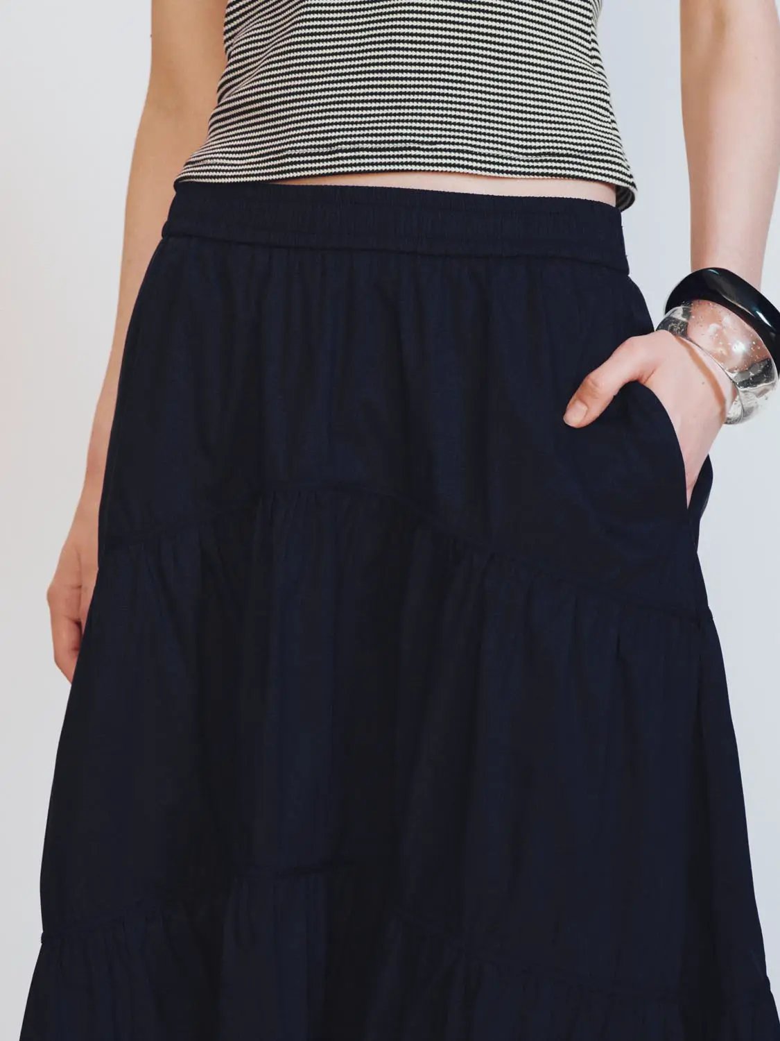 Blend Loose Fit Tiered Seamed Soft Cotton Maxi Skirt