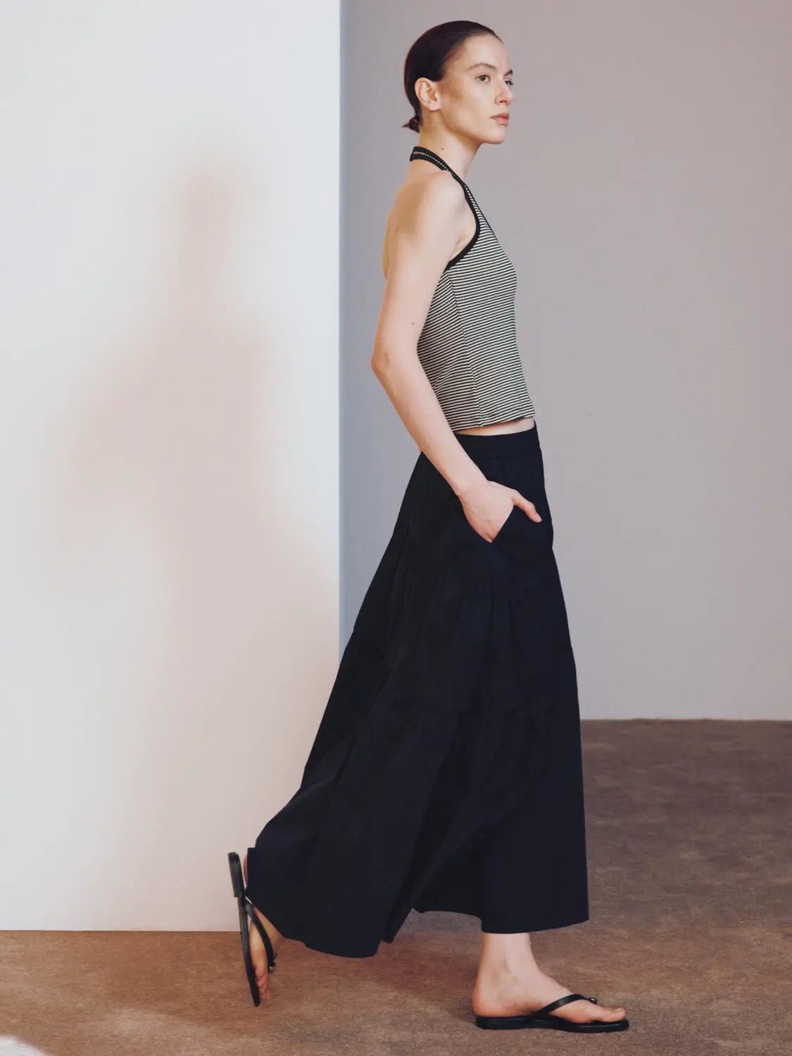 Blend Loose Fit Tiered Seamed Soft Cotton Maxi Skirt