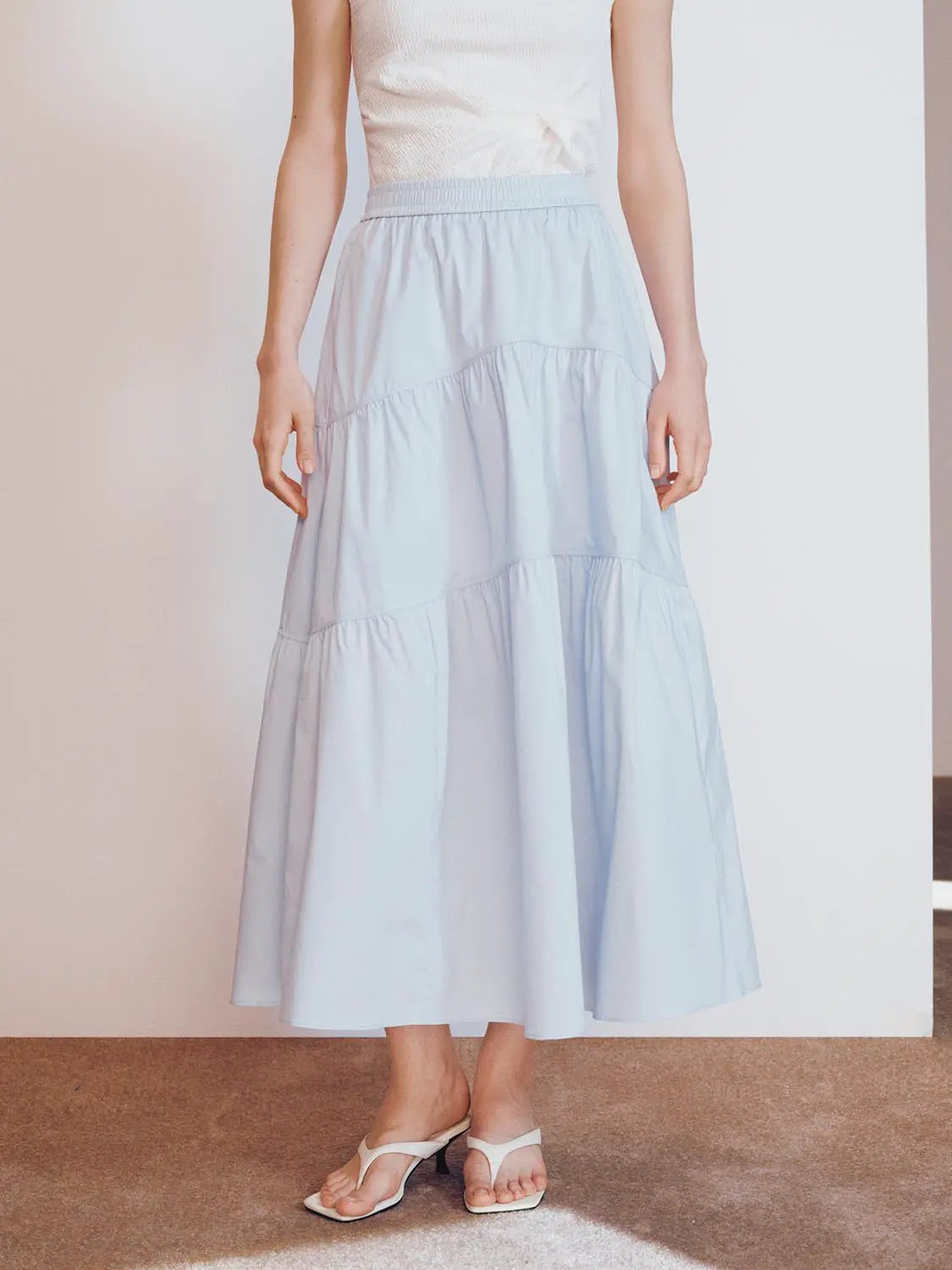 Blend Loose Fit Tiered Seamed Soft Cotton Maxi Skirt