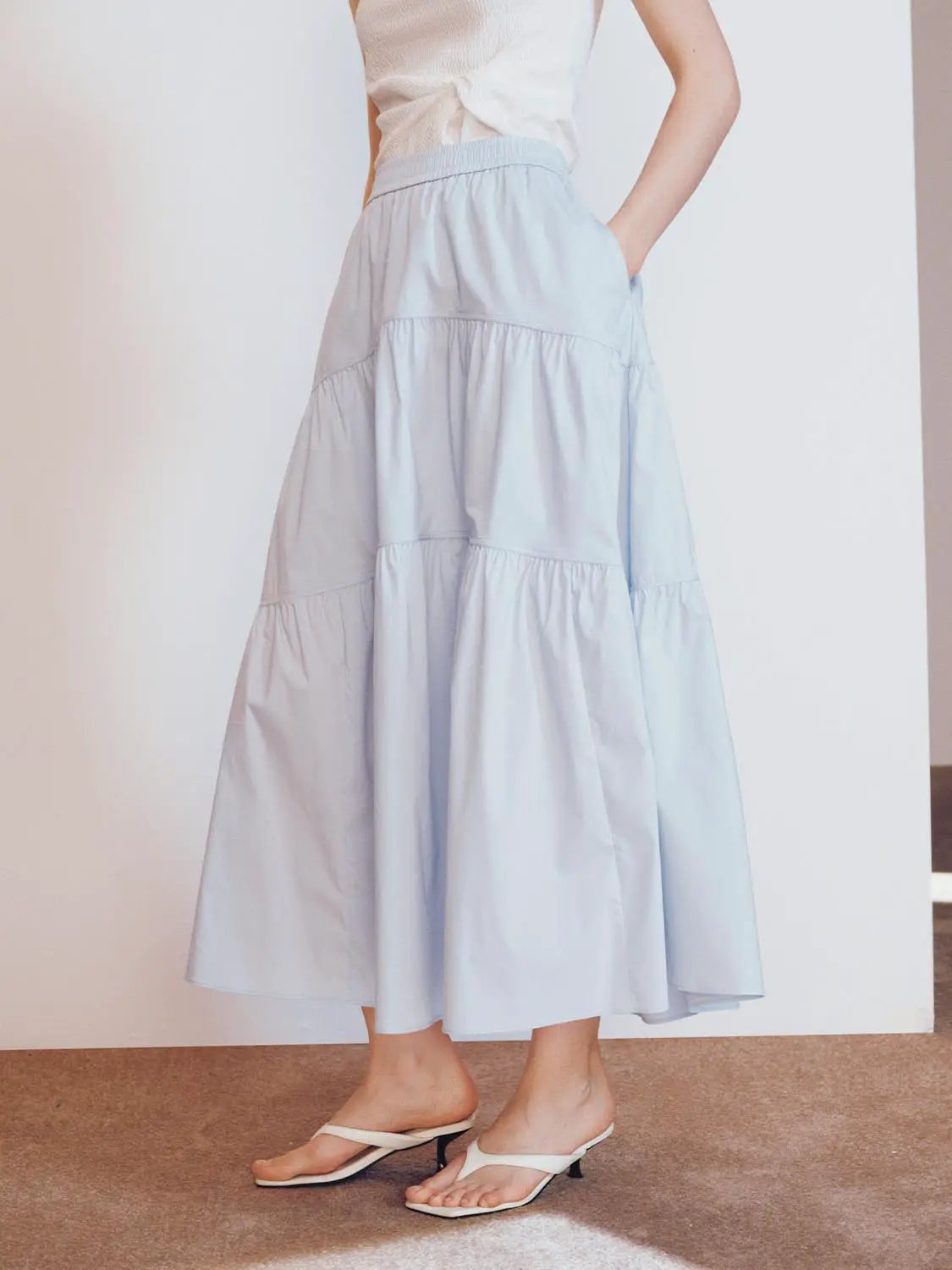Blend Loose Fit Tiered Seamed Soft Cotton Maxi Skirt