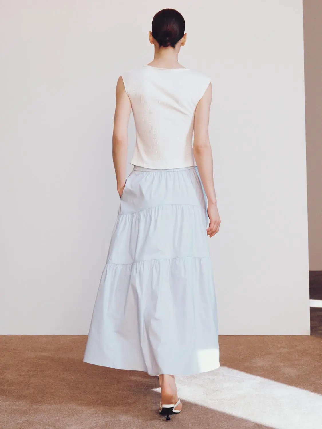Blend Loose Fit Tiered Seamed Soft Cotton Maxi Skirt