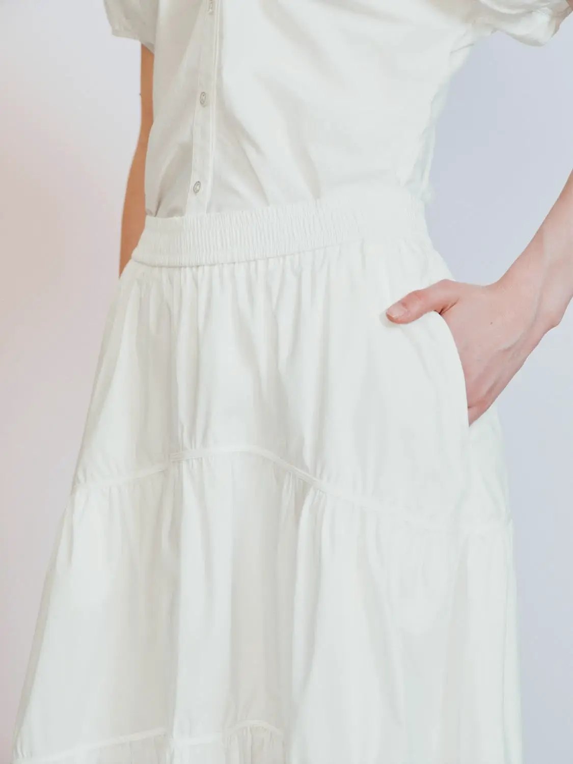 Blend Loose Fit Tiered Seamed Soft Cotton Maxi Skirt