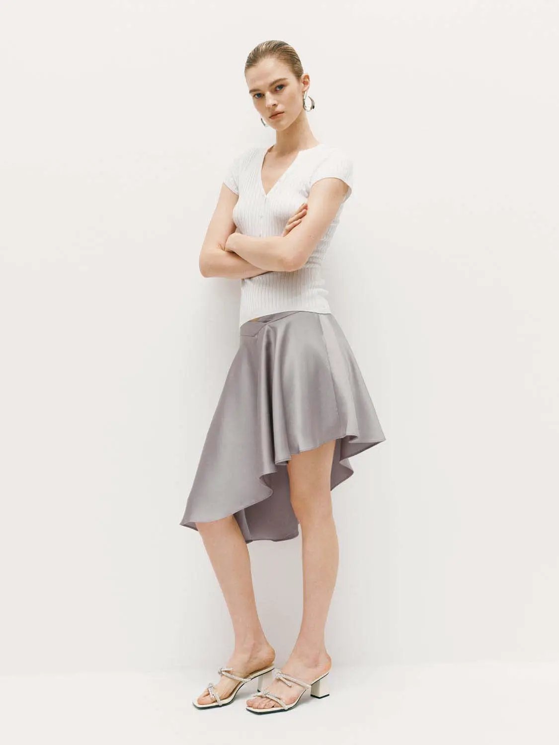 High Waist Twist Front Gray Irregular Asymmetric Mini Skirt