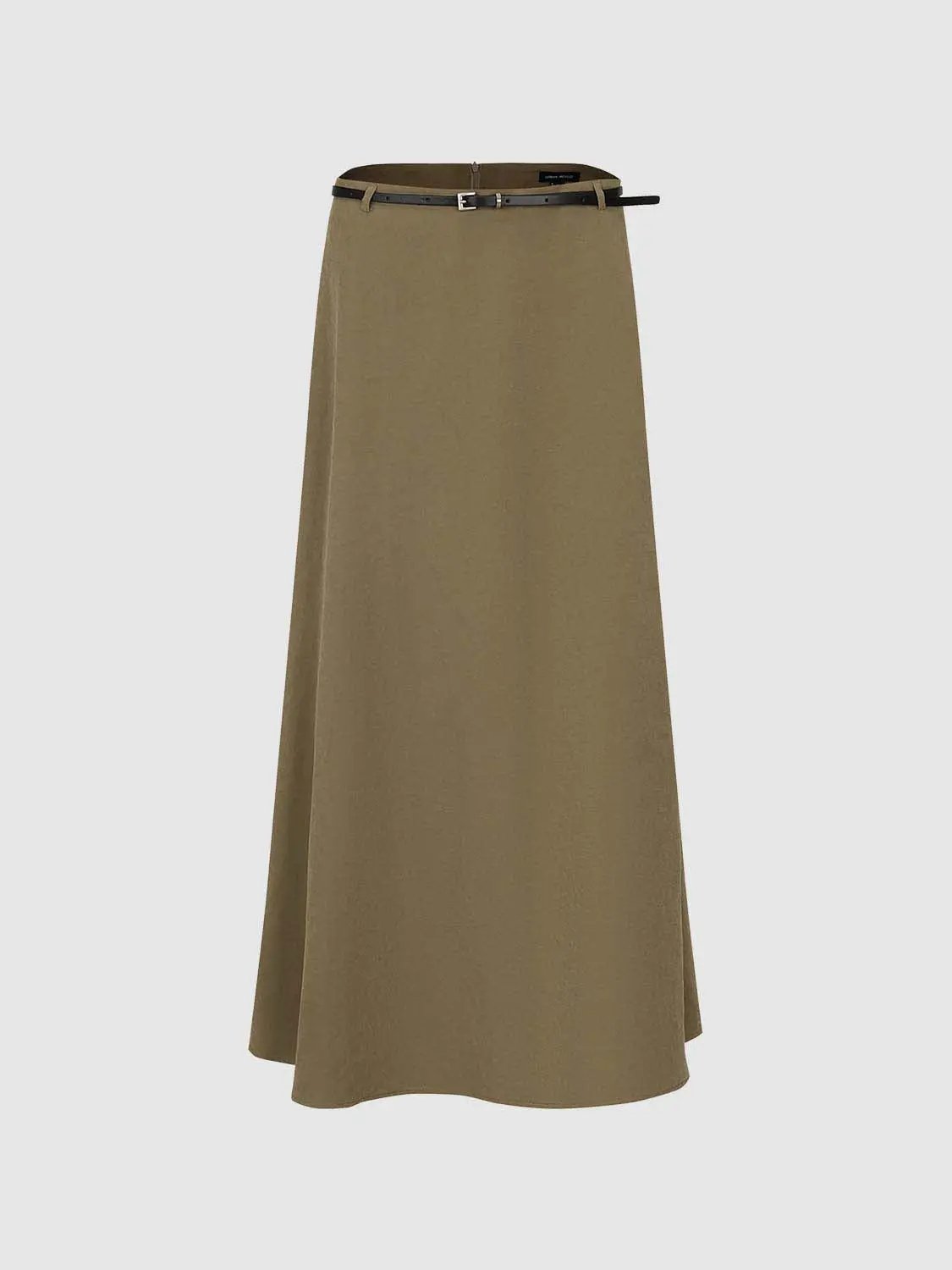 Thin Belted Solid A-Line Mid-rise Maxi Skirt