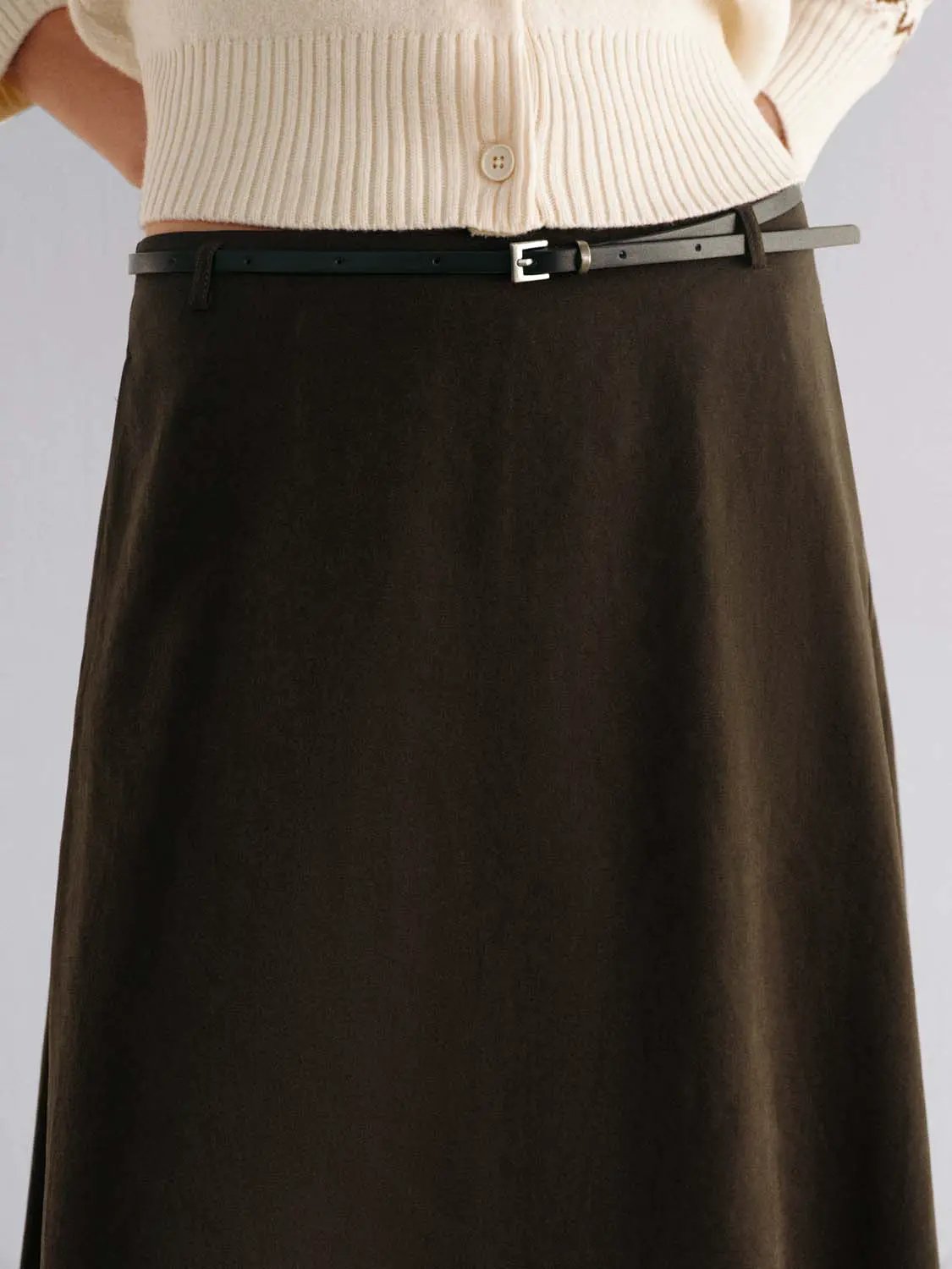 Thin Belted Solid A-Line Mid-rise Maxi Skirt