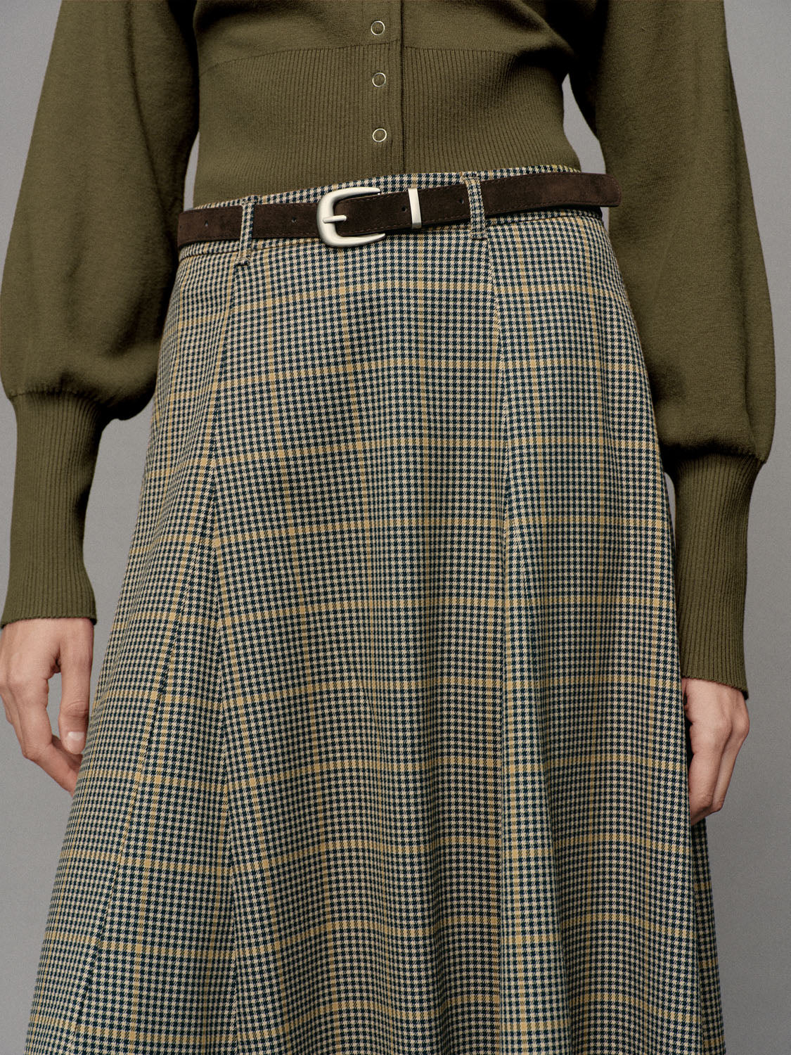 Belted Checked A-Line Mid-rise Maxi Skirt