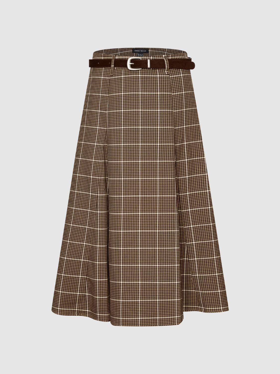 Belted Checked A-Line Mid-rise Maxi Skirt