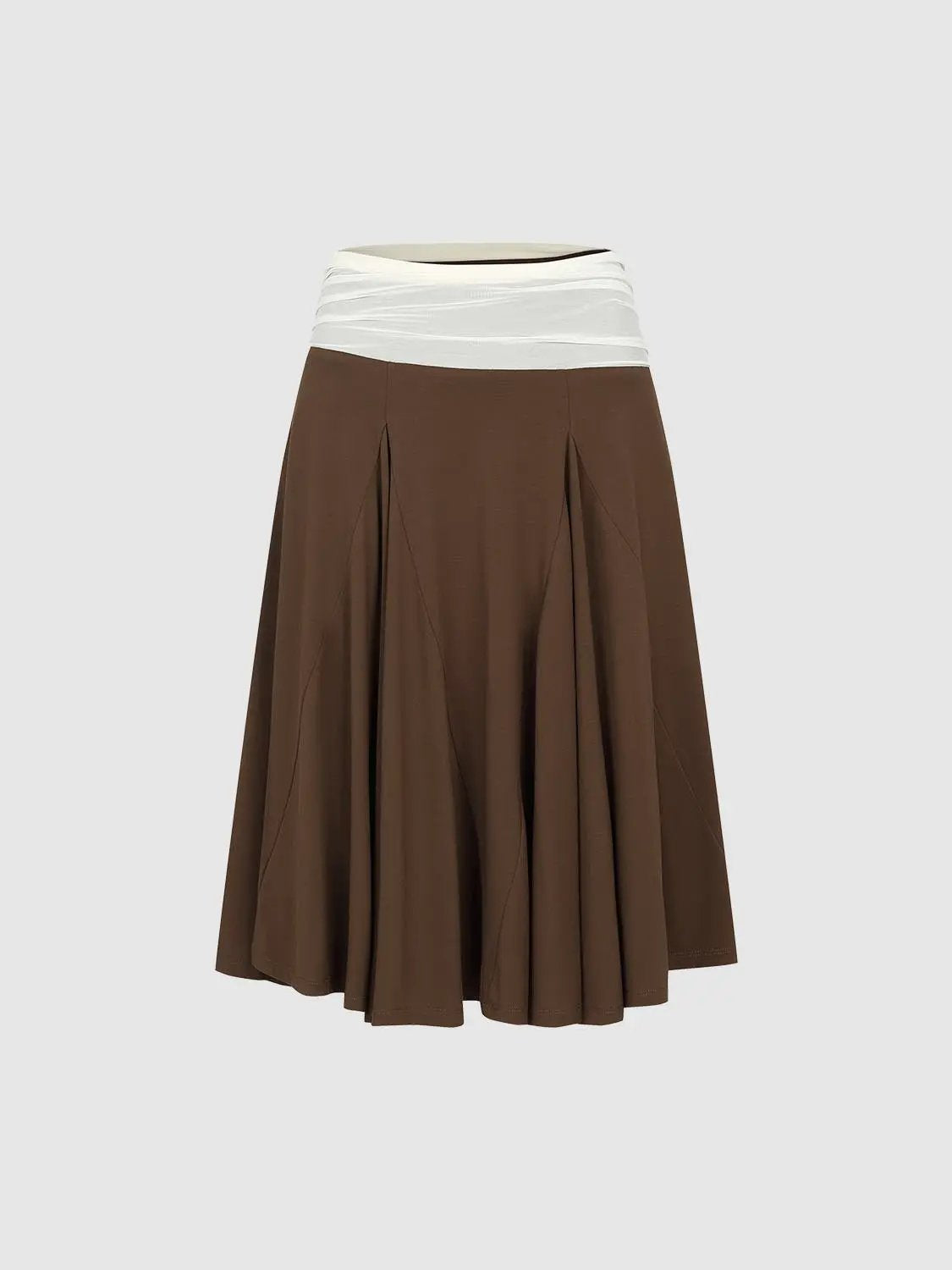 Contrast Ruched Waist Pleated A-Line Midi Skirt