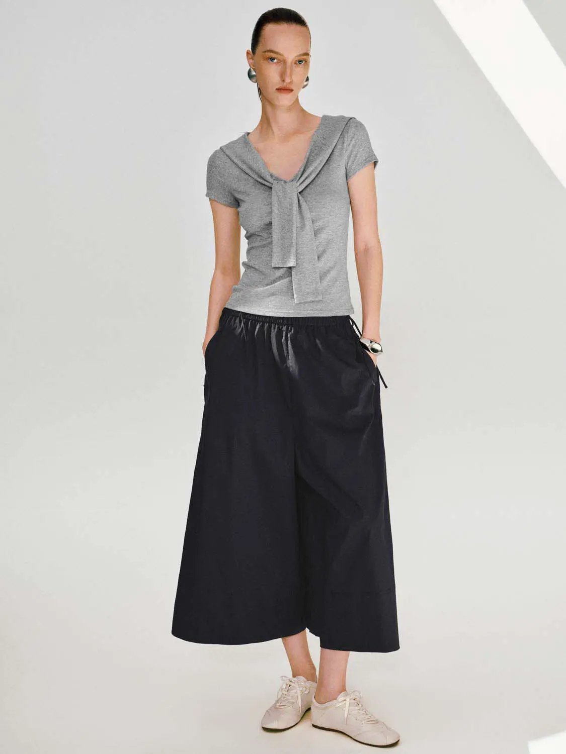 Elastic Waist Drawstring Loose Wide Leg Casual Trousers