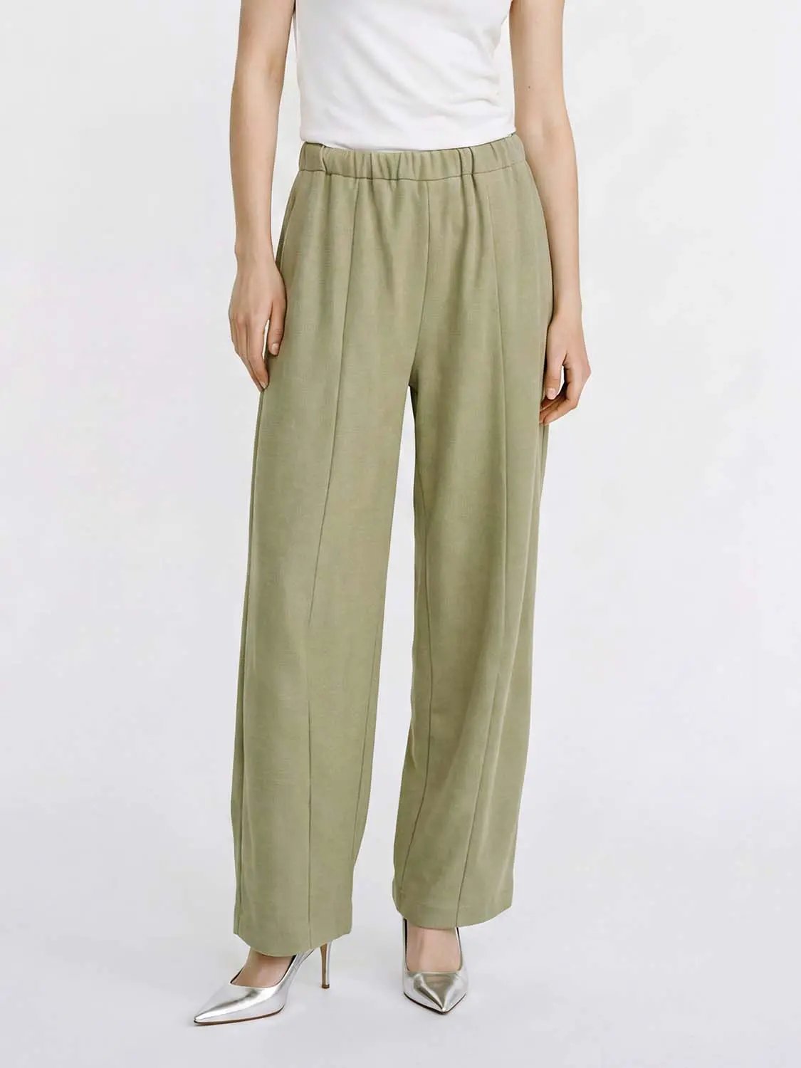 Elastic Drawstring Waist Solid Color Loose Wide Leg Pants