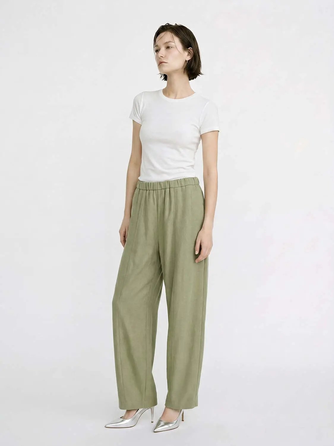 Elastic Drawstring Waist Solid Color Loose Wide Leg Pants