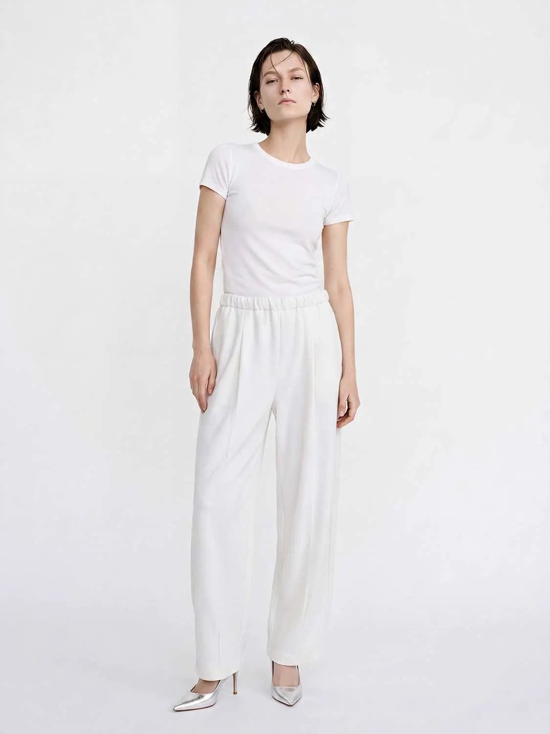 Elastic Drawstring Waist Solid Color Loose Wide Leg Pants