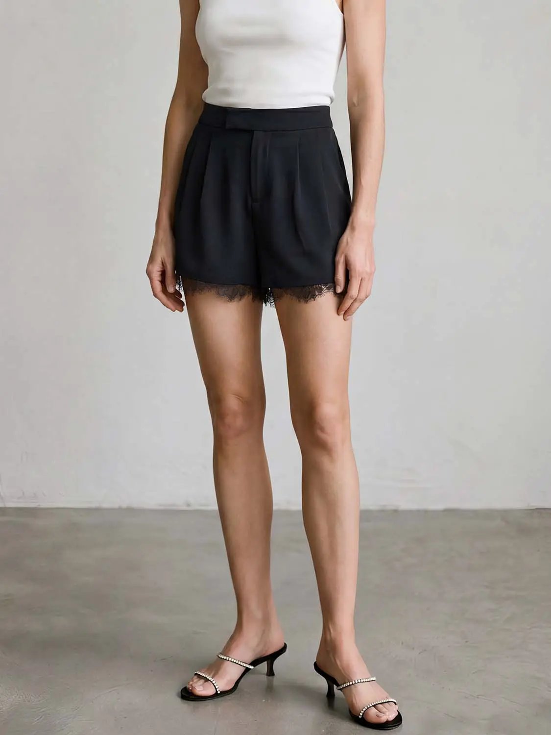 High Waist Front Pleat Lace Hem Straight Casual Shorts