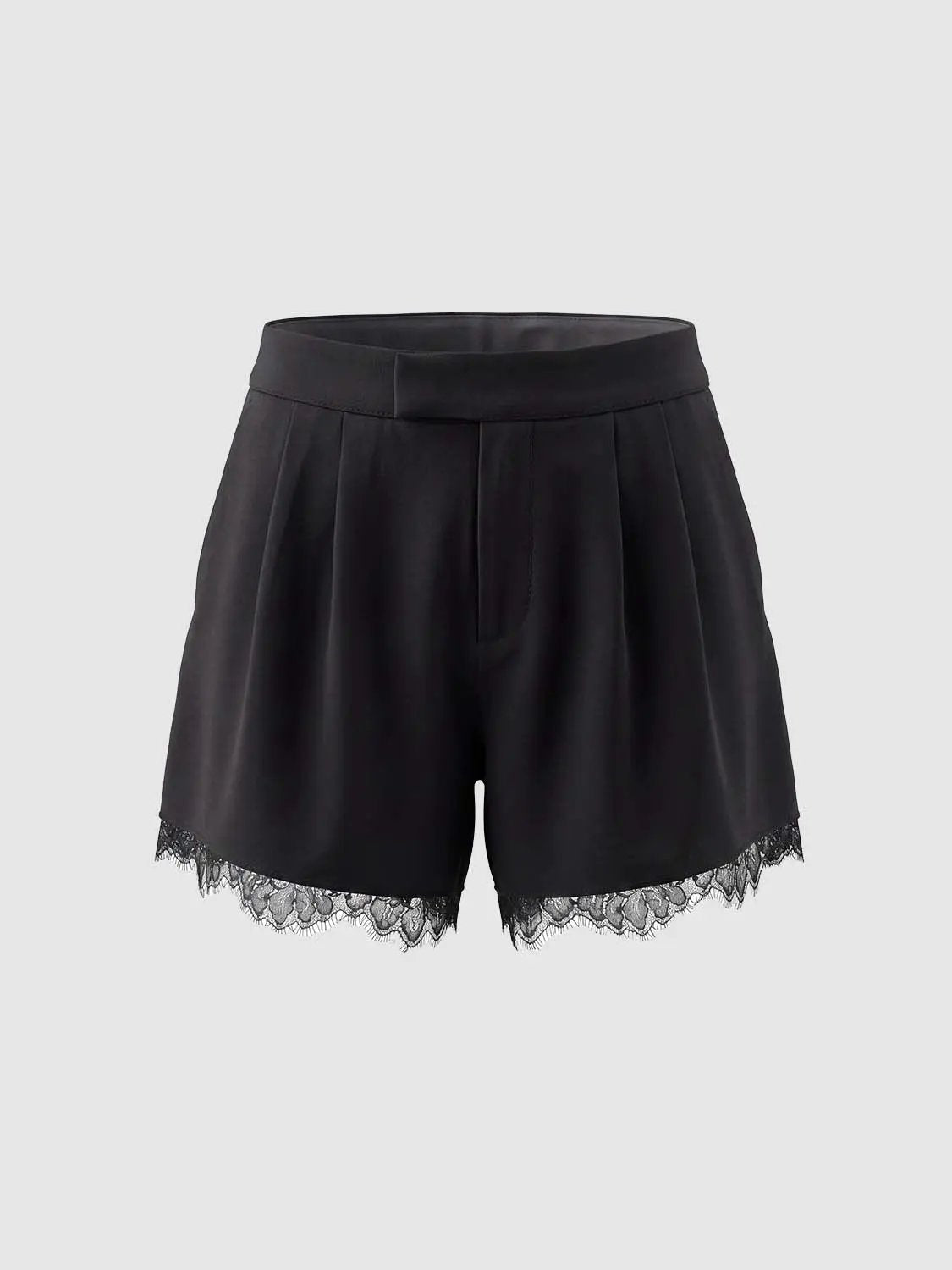 High Waist Front Pleat Lace Hem Straight Casual Shorts