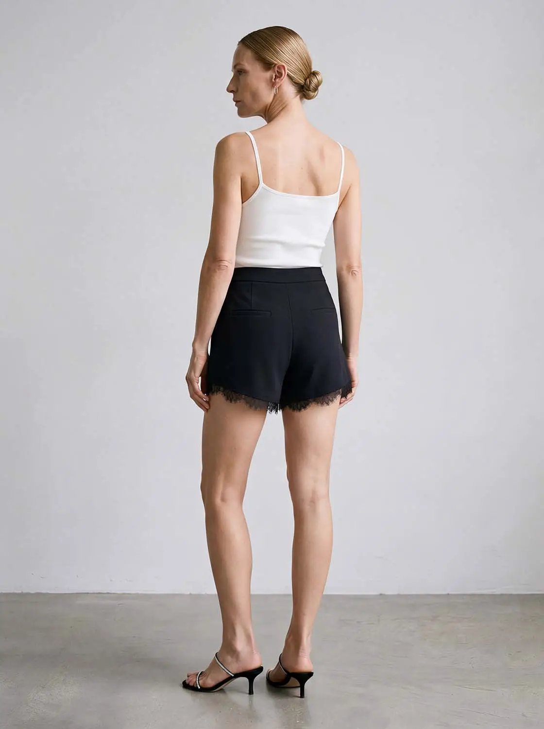 High Waist Front Pleat Lace Hem Straight Casual Shorts