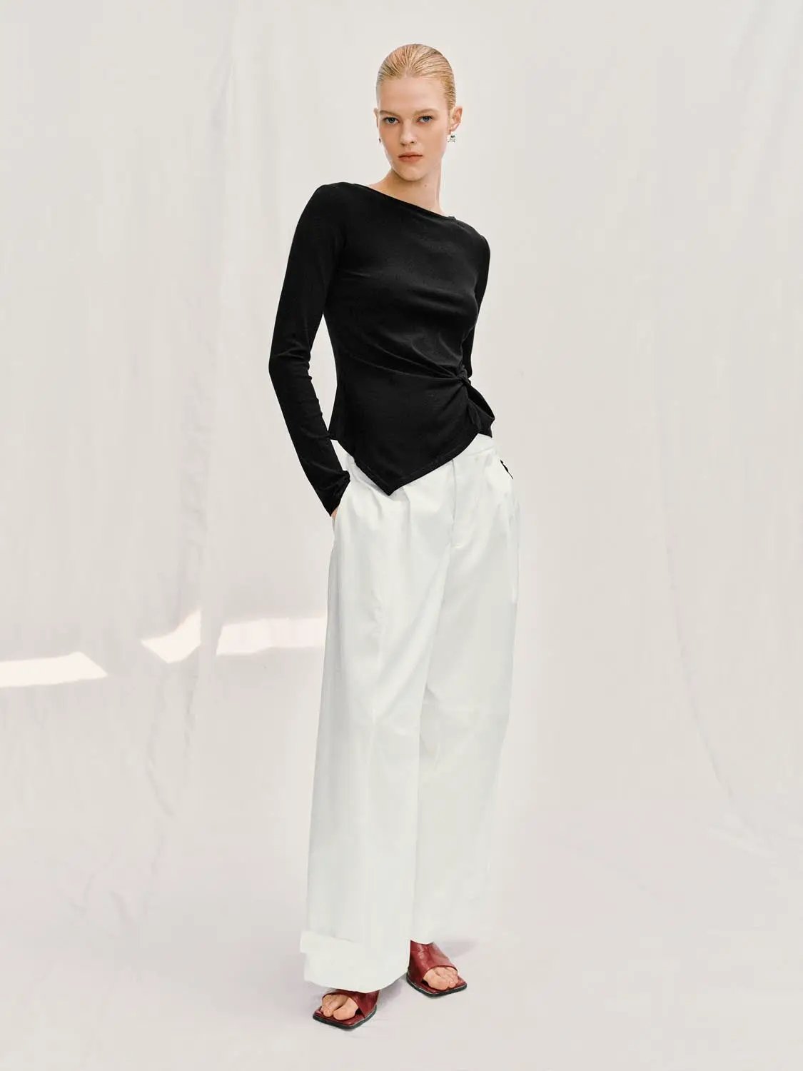Curved Wide-leg Cotton Lyocell Blend Pants