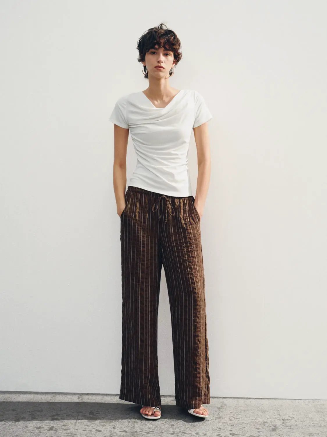 Striped Textured Soft Lyocell Wide-leg Pants