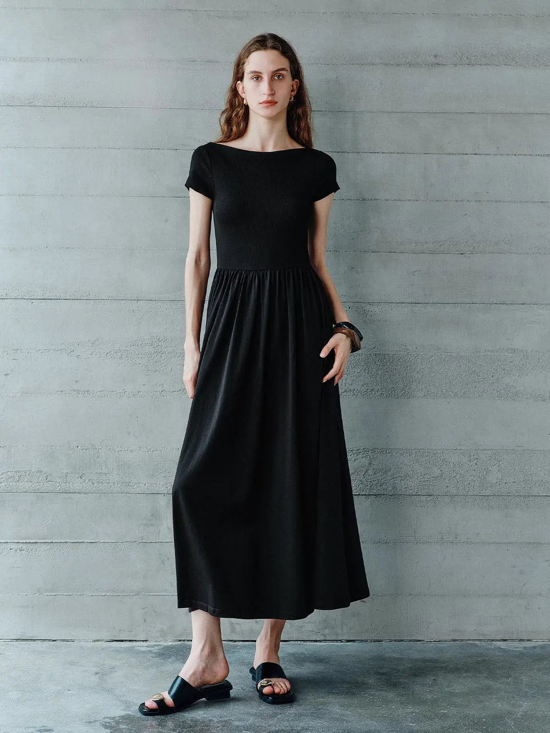Boat Neck Short Sleeve Gathered Waist A Line Maxi Dress