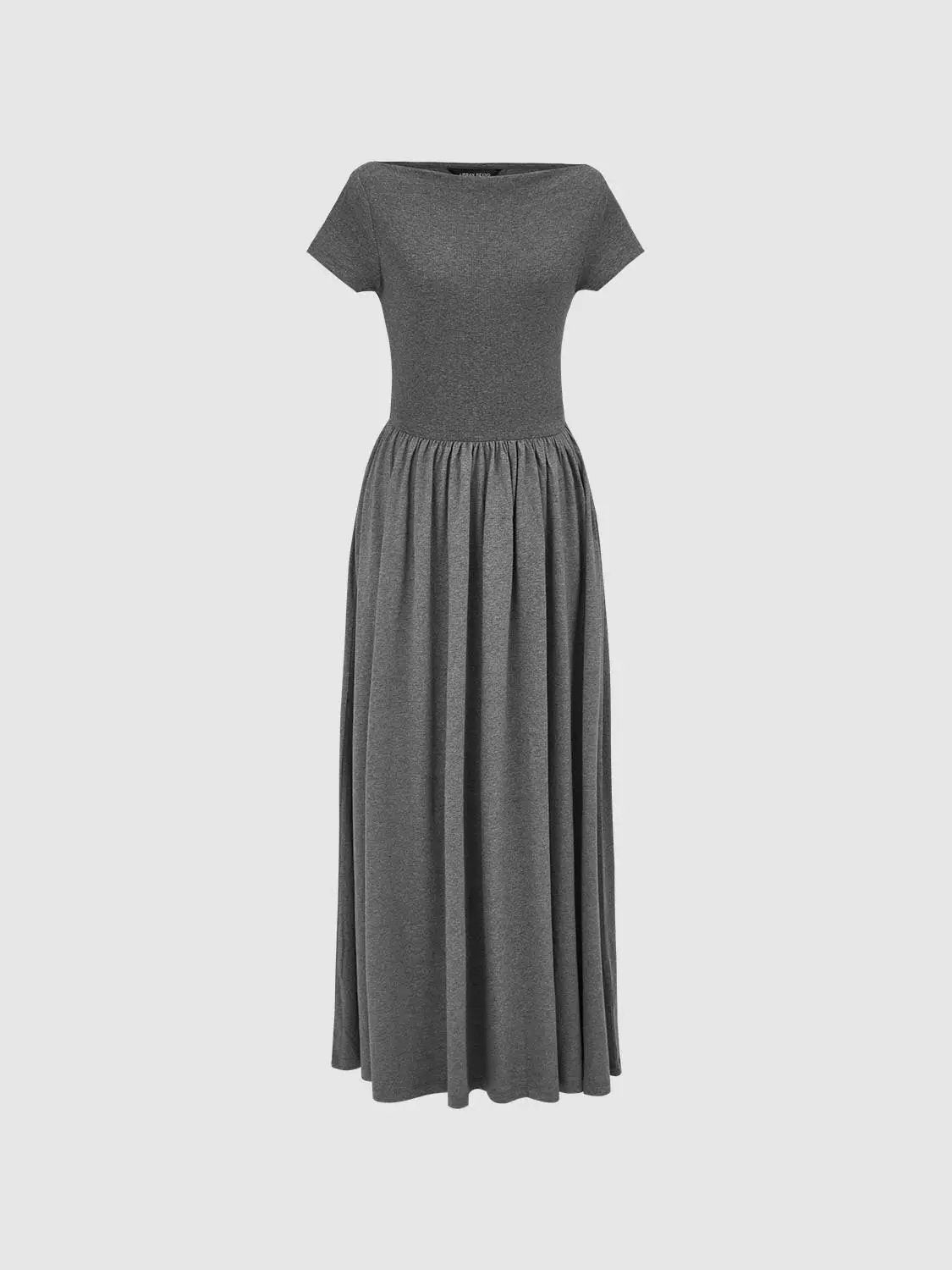 Boat Neck Short Sleeve Gathered Waist A Line Maxi Dress