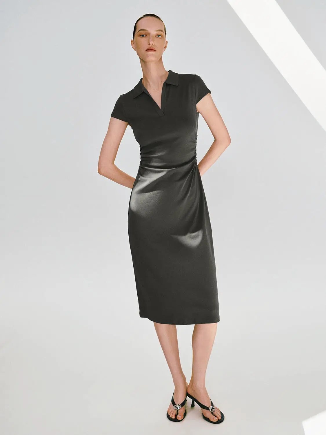 Polyester Blend Ruched A-Line Cotton Maxi Dress