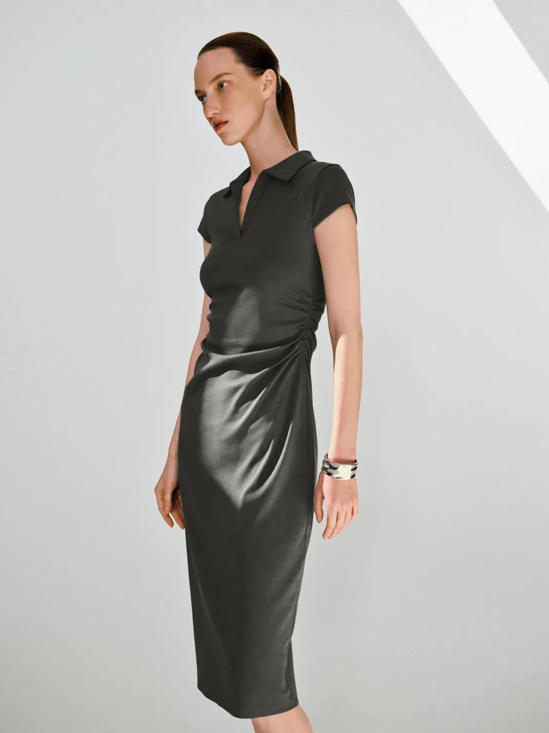 Polyester Blend Ruched A-Line Cotton Maxi Dress